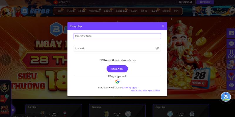Quy trình điền thông tin đăng nhập vào Bet88